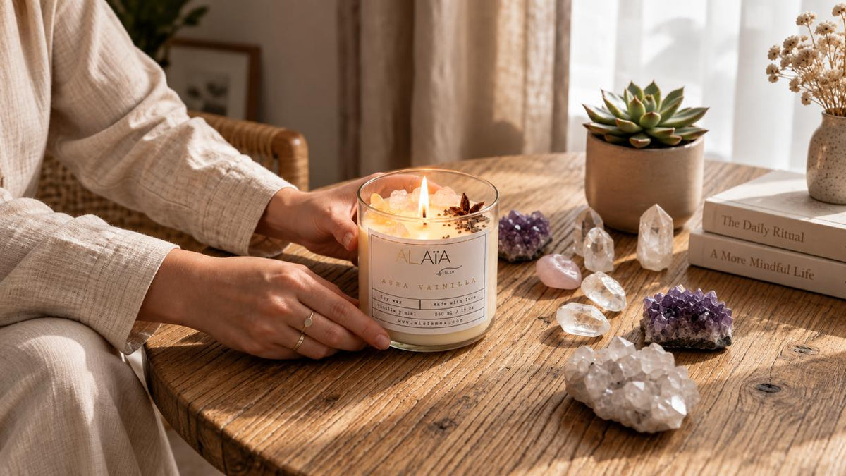 Vela aromática artesanal Alaïa de soya y coco con cuarzos
