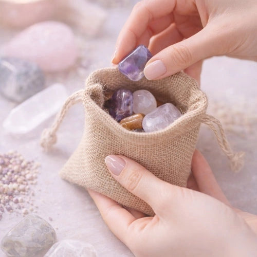Cuarzos naturales de amatista y cuarzo rosa en bolsa de yute Alaïa