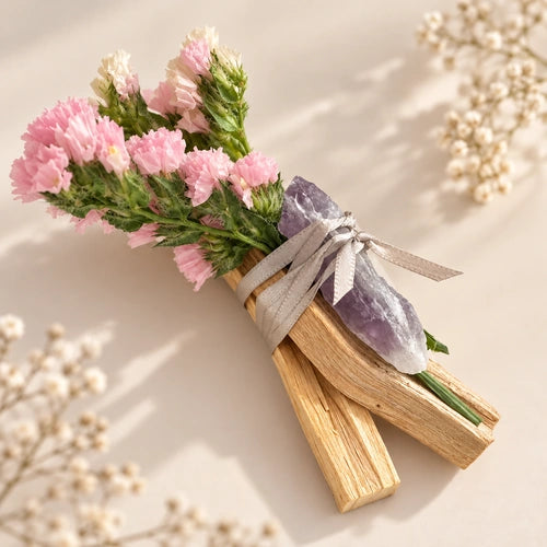 Palo santo Alaïa con amatista y flores rosas para rituales
