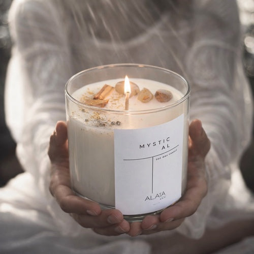 Vela aromática Mystical Alaïa encendida con cuarzos en manos