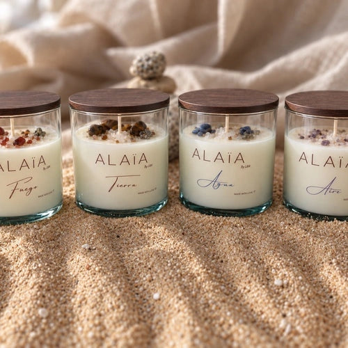 Colección de velas Alaïa Fuego, Tierra, Agua y Aire con cuarzos
