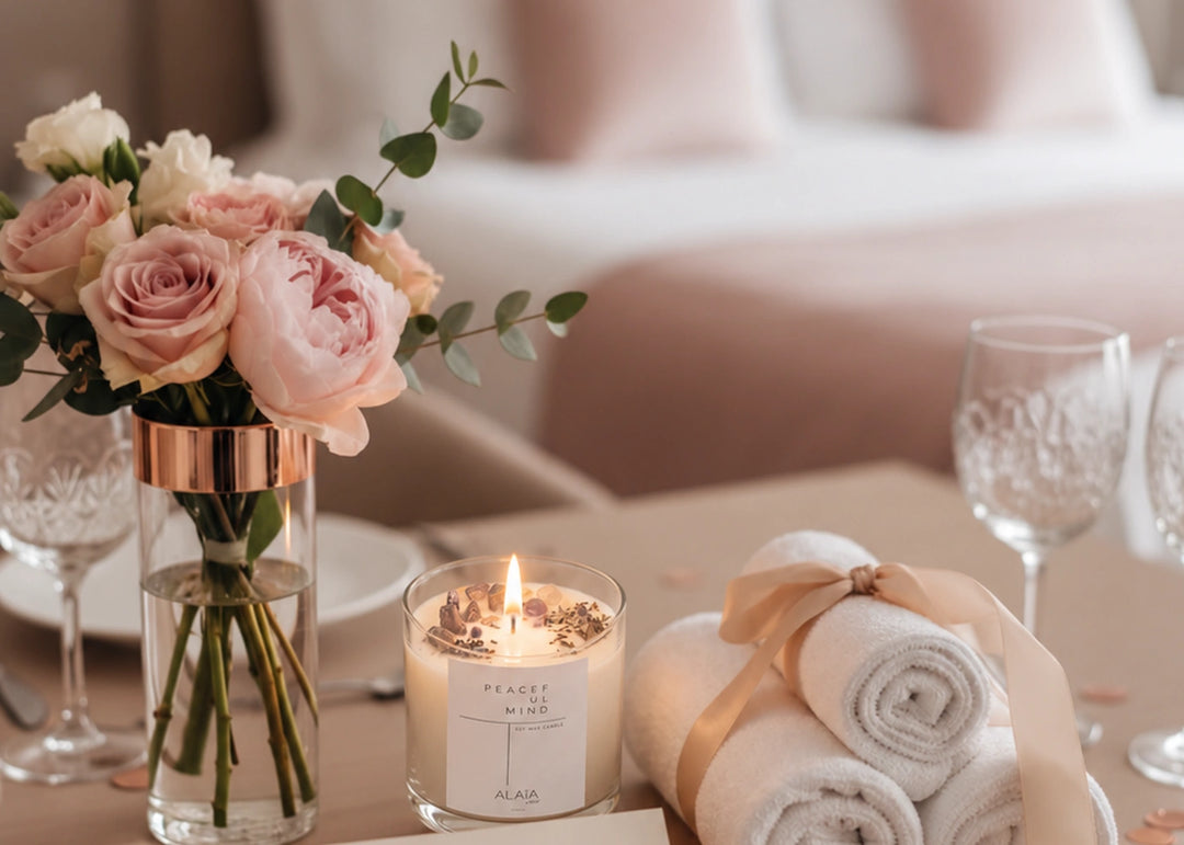 Vela Alaïa encendida junto a flores, toallas y copas en una habitación