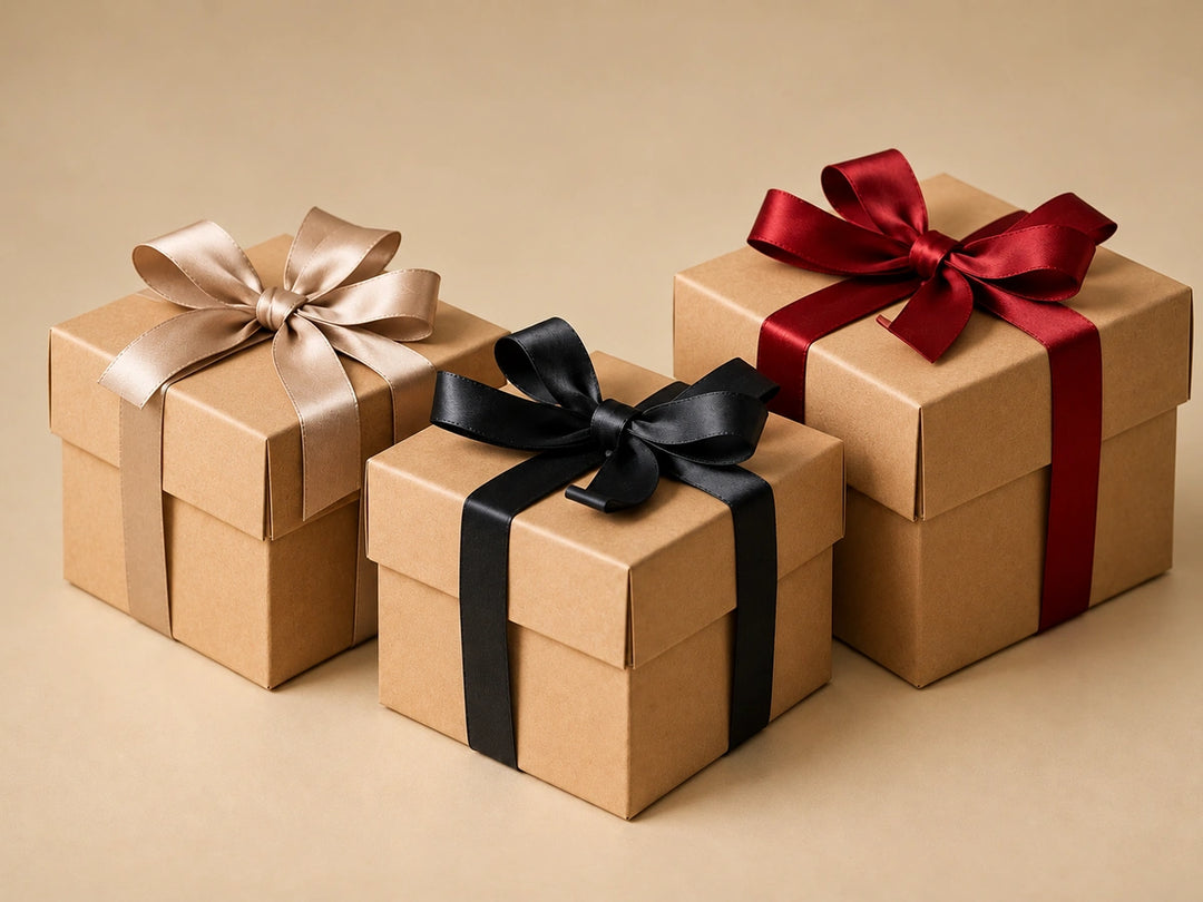Tres cajas de regalo de papel kraft con moño