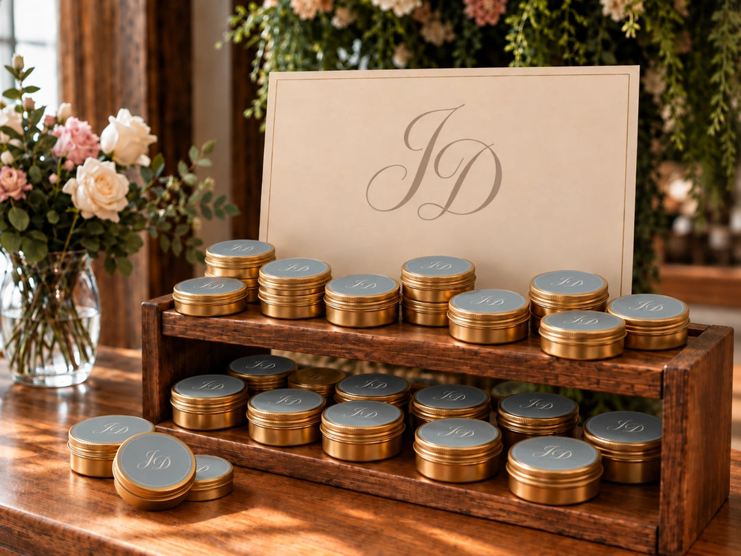 Latas doradas de velas con monograma en la tapa sobre un exhibidor de madera, junto a un cartel con iniciales y un arreglo de flores
